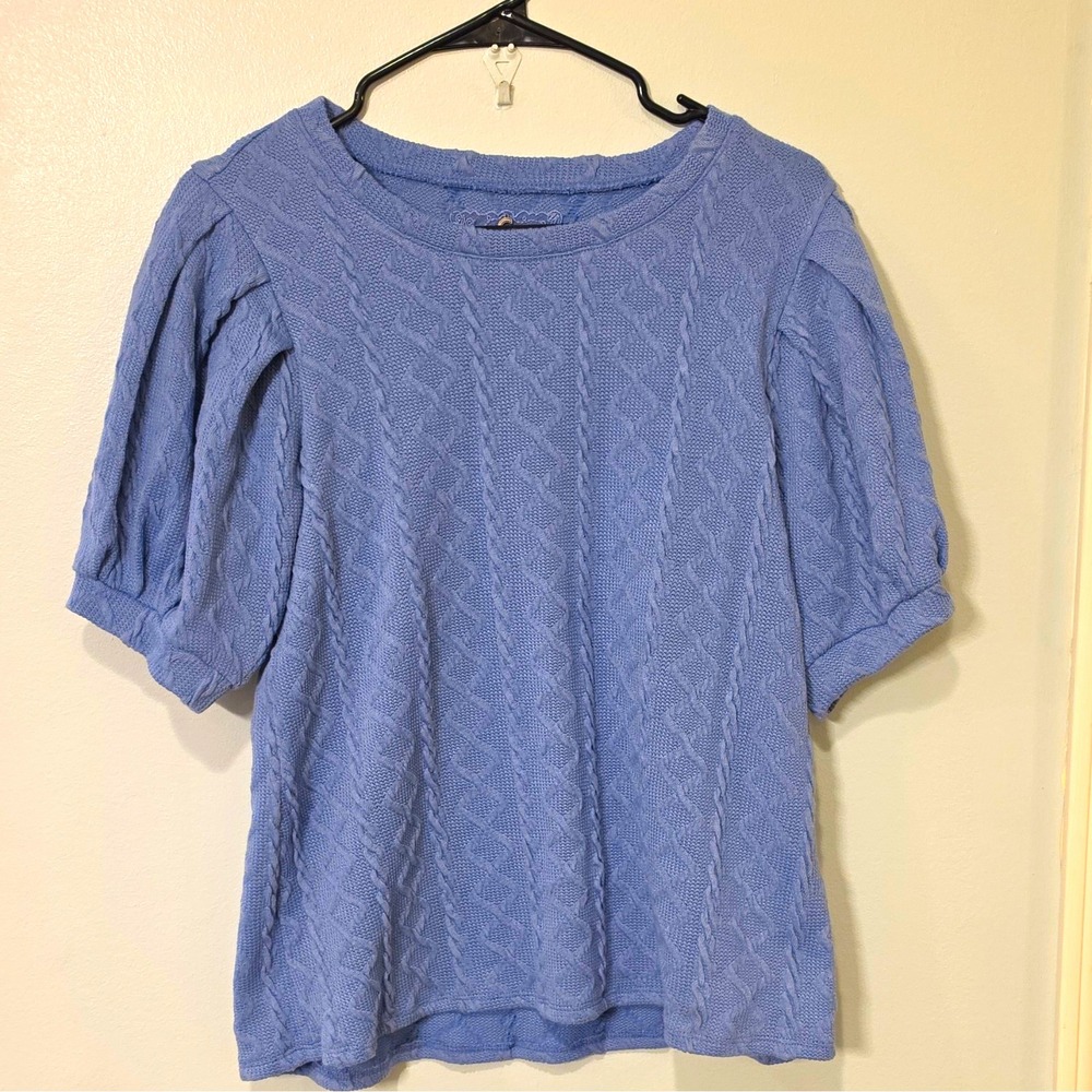CUPIO Women's Blue Cable-Knit Round Neck Short Sleeve Pullover Sweater M #232